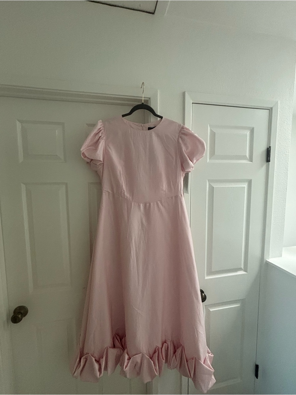 Sister Jane Pale Pink Puff Sleeve Ruffle-Hem Midi Dress